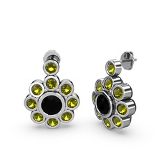 Elmas Çiçek Küpe - Peridot ve siyah zirkon 18 ayar beyaz altın küpe #aqsoy9