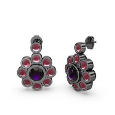 Elmas Çiçek Küpe - Kök yakut ve ametist 925 ayar siyah rodyum kaplama gümüş küpe #b2giku