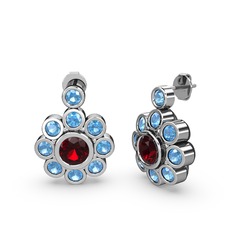 Elmas Çiçek Küpe - Akuamarin ve garnet 8 ayar beyaz altın küpe #dlfxbz