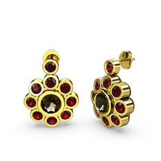 Elmas Çiçek Küpe - Garnet ve dumanlı kuvars 8 ayar altın küpe #e9nohg