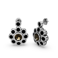 Elmas Çiçek Küpe - Siyah zirkon ve dumanlı kuvars 14 ayar beyaz altın küpe #el9tfj