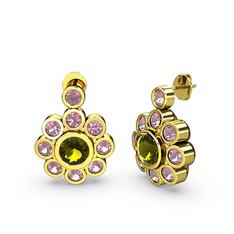 Pembe kuvars ve peridot 18 ayar altın küpe