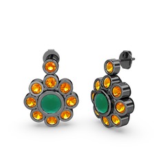 Elmas Çiçek Küpe - Sitrin ve kök zümrüt 925 ayar siyah rodyum kaplama gümüş küpe #hw4o2a