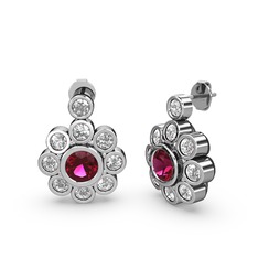 Elmas ve rodolit garnet 14 ayar beyaz altın küpe (1 karat)