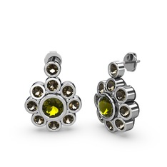 Elmas Çiçek Küpe - Dumanlı kuvars ve peridot 8 ayar beyaz altın küpe #k2dtaq