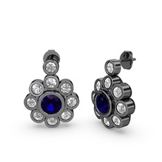 Elmas Çiçek Küpe - Beyaz zirkon ve lab safir 925 ayar siyah rodyum kaplama gümüş küpe #kcom