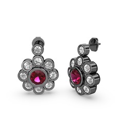 Elmas Çiçek Küpe - Swarovski ve rodolit garnet 925 ayar siyah rodyum kaplama gümüş küpe #m287vb