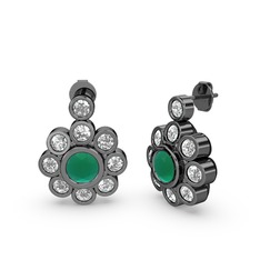 Elmas Çiçek Küpe - Pırlanta ve kök zümrüt 925 ayar siyah rodyum kaplama gümüş küpe (1 karat) #mdue5n