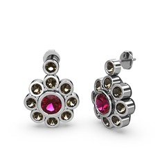 Elmas Çiçek Küpe - Dumanlı kuvars ve rodolit garnet 14 ayar beyaz altın küpe #pkk1fs