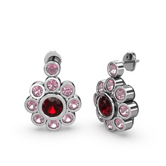 Pembe kuvars ve garnet 18 ayar beyaz altın küpe