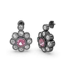 Elmas Çiçek Küpe - Elmas ve pembe kuvars 925 ayar siyah rodyum kaplama gümüş küpe (1 karat) #u1xn6j