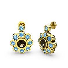 Elmas Çiçek Küpe - Akuamarin ve dumanlı kuvars 18 ayar altın küpe #vw3urc