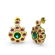 Elmas Çiçek Küpe - Kök yakut ve yeşil kuvars 8 ayar altın küpe #x7a8lm