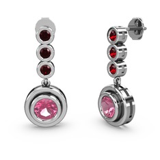 Garnet ve pembe kuvars 14 ayar beyaz altın küpe