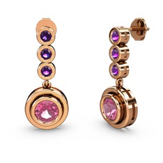 Ametist ve pembe kuvars 14 ayar rose altın küpe