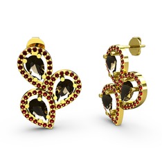 Garnet ve dumanlı kuvars 14 ayar altın küpe