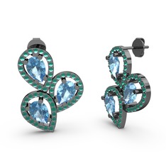 Soltar Damla Küpe - Kök zümrüt ve akuamarin 925 ayar siyah rodyum kaplama gümüş küpe #162kd7m