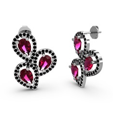 Siyah zirkon ve rodolit garnet 14 ayar beyaz altın küpe