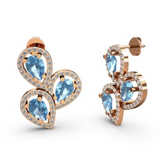 Beyaz zirkon ve akuamarin 8 ayar rose altın küpe