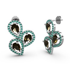 Kök zümrüt ve dumanlı kuvars 8 ayar beyaz altın küpe