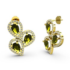 Beyaz zirkon ve peridot 14 ayar altın küpe