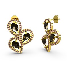 Kök yakut ve dumanlı kuvars 8 ayar altın küpe