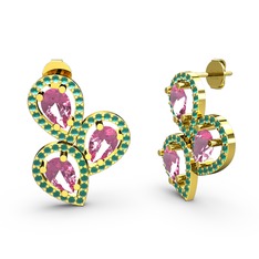 Soltar Damla Küpe - Kök zümrüt ve pembe kuvars 18 ayar altın küpe #tg1mfd