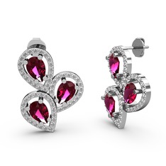 Soltar Damla Küpe - Beyaz zirkon ve rodolit garnet 18 ayar beyaz altın küpe #xkkbo8