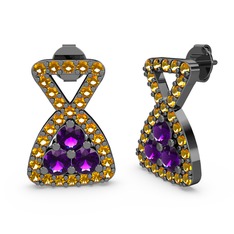 Sitrin ve ametist 925 ayar siyah rodyum kaplama gümüş küpe