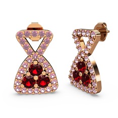 Pembe kuvars ve garnet 18 ayar rose altın küpe