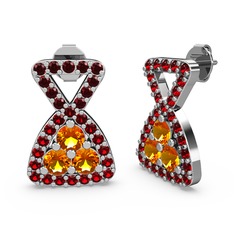 Garnet ve sitrin 18 ayar beyaz altın küpe