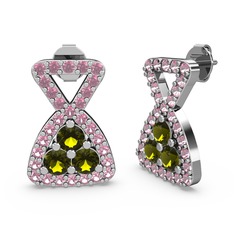 Pembe kuvars ve peridot 18 ayar beyaz altın küpe