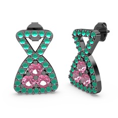Kök zümrüt ve pembe kuvars 925 ayar siyah rodyum kaplama gümüş küpe