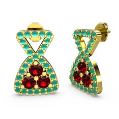 Kök zümrüt ve garnet 18 ayar altın küpe