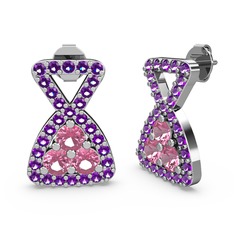 Simla Taşlı Küpe - Ametist ve pembe kuvars 14 ayar beyaz altın küpe #8tm6ny