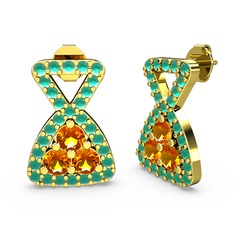 Kök zümrüt ve sitrin 8 ayar altın küpe