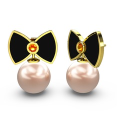 Papyon İnci Küpe - Pembe inci ve sitrin 14 ayar altın küpe (Siyah mineli) #10llrks