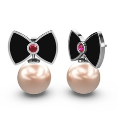 Papyon İnci Küpe - Pembe inci ve rodolit garnet 18 ayar beyaz altın küpe (Siyah mineli) #10yespk