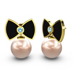 Papyon İnci Küpe - Pembe inci ve akuamarin 18 ayar altın küpe (Siyah mineli) #132kd92