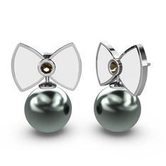 Papyon İnci Küpe - Siyah inci ve dumanlı kuvars 14 ayar beyaz altın küpe (Beyaz mineli) #13qzism