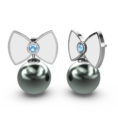 Papyon İnci Küpe - Siyah inci ve akuamarin 8 ayar beyaz altın küpe (Beyaz mineli) #1403fy8