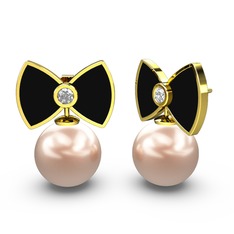 Papyon İnci Küpe - Pembe inci ve swarovski 925 ayar altın kaplama gümüş küpe (Siyah mineli) #1703sod
