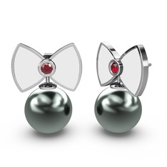 Papyon İnci Küpe - Siyah inci ve garnet 18 ayar beyaz altın küpe (Beyaz mineli) #17q907k