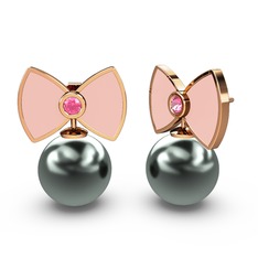 Siyah inci ve pembe kuvars 18 ayar rose altın küpe (Pastel pembe mineli)