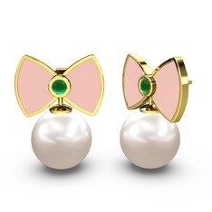 Papyon İnci Küpe - Inci ve kök zümrüt 18 ayar altın küpe (Pastel pembe mineli) #19518qn