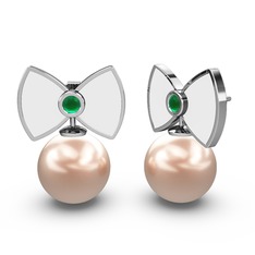 Papyon İnci Küpe - Pembe inci ve kök zümrüt 18 ayar beyaz altın küpe (Beyaz mineli) #1aa0oih