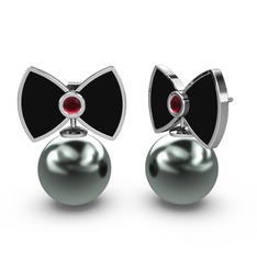 Papyon İnci Küpe - Siyah inci ve kök yakut 14 ayar beyaz altın küpe (Siyah mineli) #1bafuqb