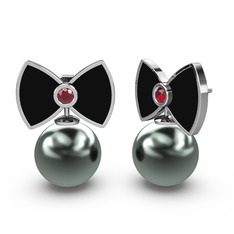 Papyon İnci Küpe - Siyah inci ve garnet 14 ayar beyaz altın küpe (Siyah mineli) #1bol8i6