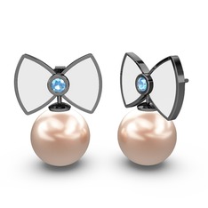 Papyon İnci Küpe - Pembe inci ve akuamarin 925 ayar siyah rodyum kaplama gümüş küpe (Beyaz mineli) #1c369vf