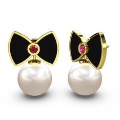 Papyon İnci Küpe - Inci ve rodolit garnet 8 ayar altın küpe (Siyah mineli) #1c6t7ty